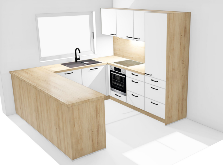 Grafik U-förmige Küche mit Halbinsel in weiß mit Holz