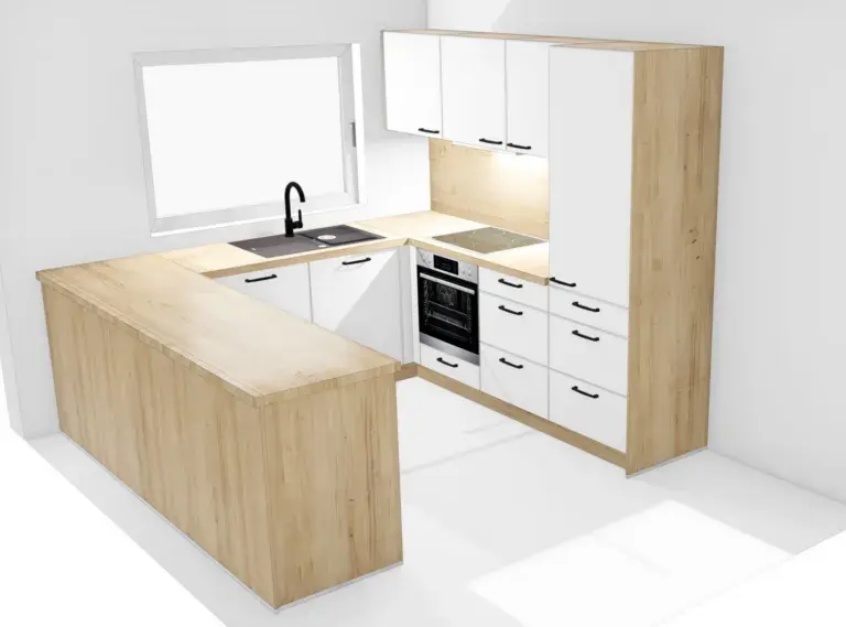 Grafik U-förmige Küche mit Halbinsel in weiß mit Holz
